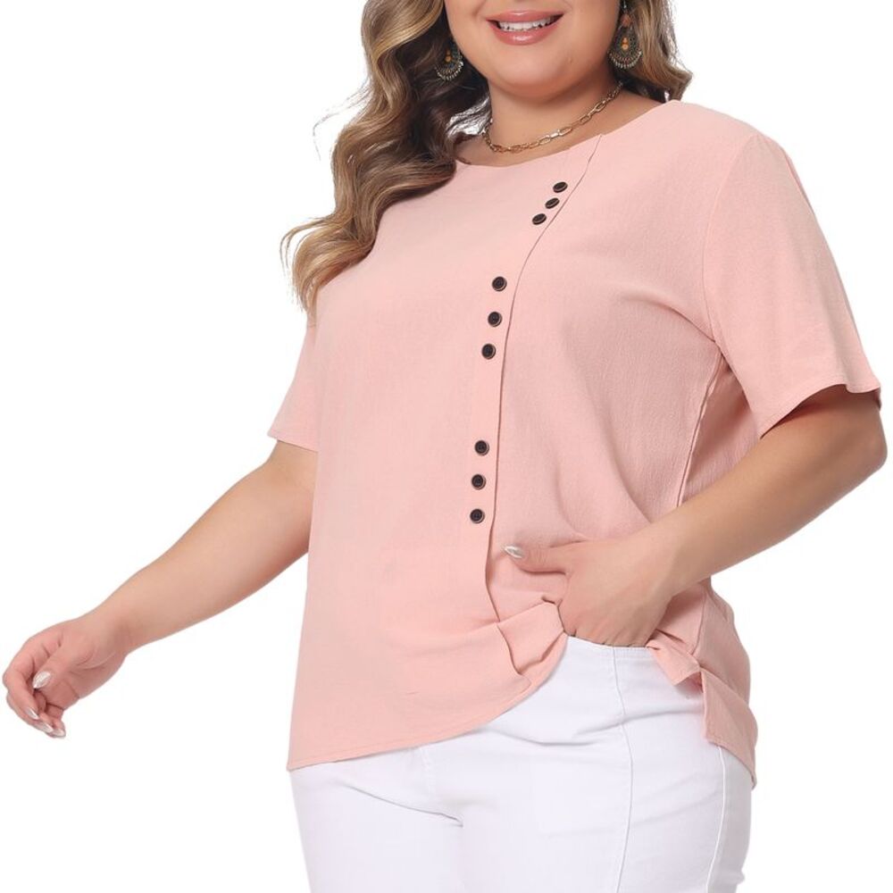Plus Size Top Short Sleeve Round Neck Cotton Linen Top T Shirt Pink - Picture 2 of 7